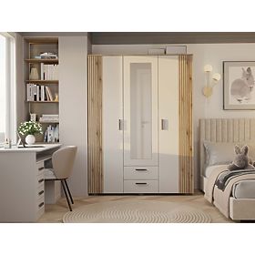 SCHRANK AVA 150 CM SPIEGEL 2 SCHUBLADEN GERILLTE FRONT EICHE EVOKE KASCHMIR BEIGE