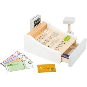 Weiße Registrierkasse mit Zubehör